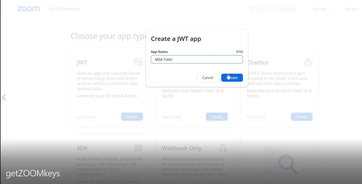 MSA Arabic Tutor - ZOOM API JWT App name Screen
