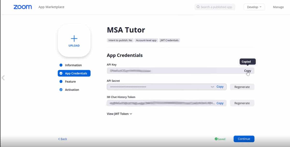 MSA Arabic Tutor - ZOOM API JWT App API Credentials Screen
