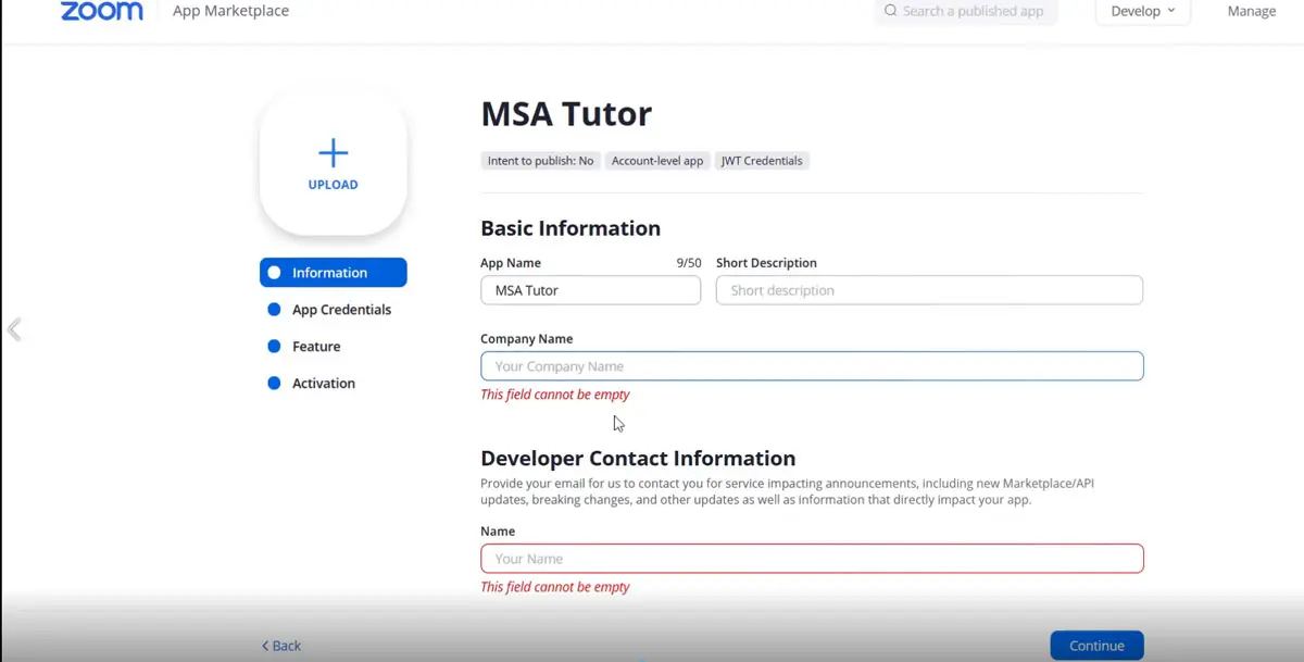 MSA Arabic Tutor - ZOOM API JWT App Basic Information Screen